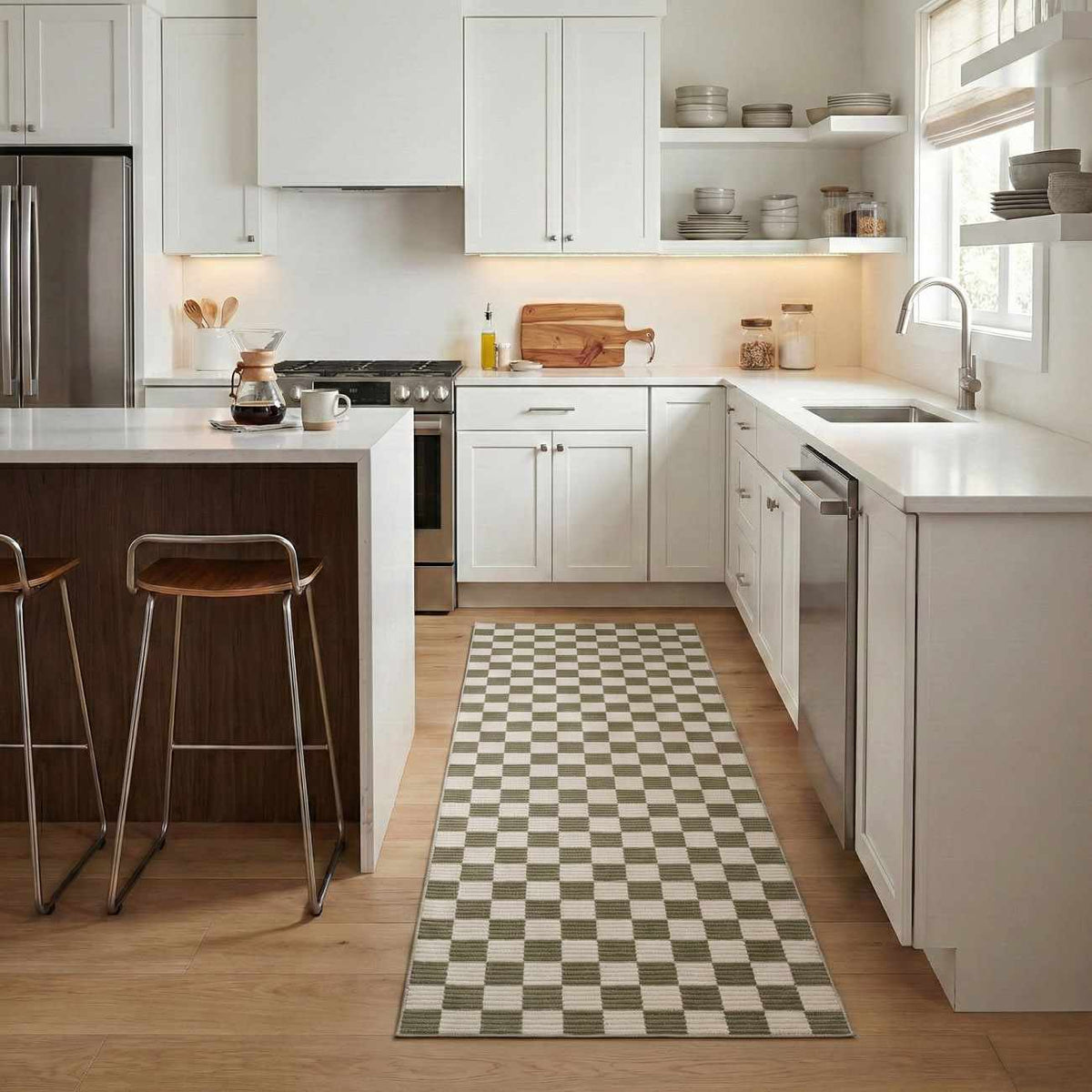 Kaysar Olive Green Checkered Washable Area Rug runner with olive green checker pattern on Tampa Home & Garden Store