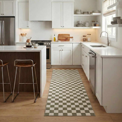 Kaysar Olive Green Checkered Washable Area Rug runner with olive green checker pattern on Tampa Home & Garden Store