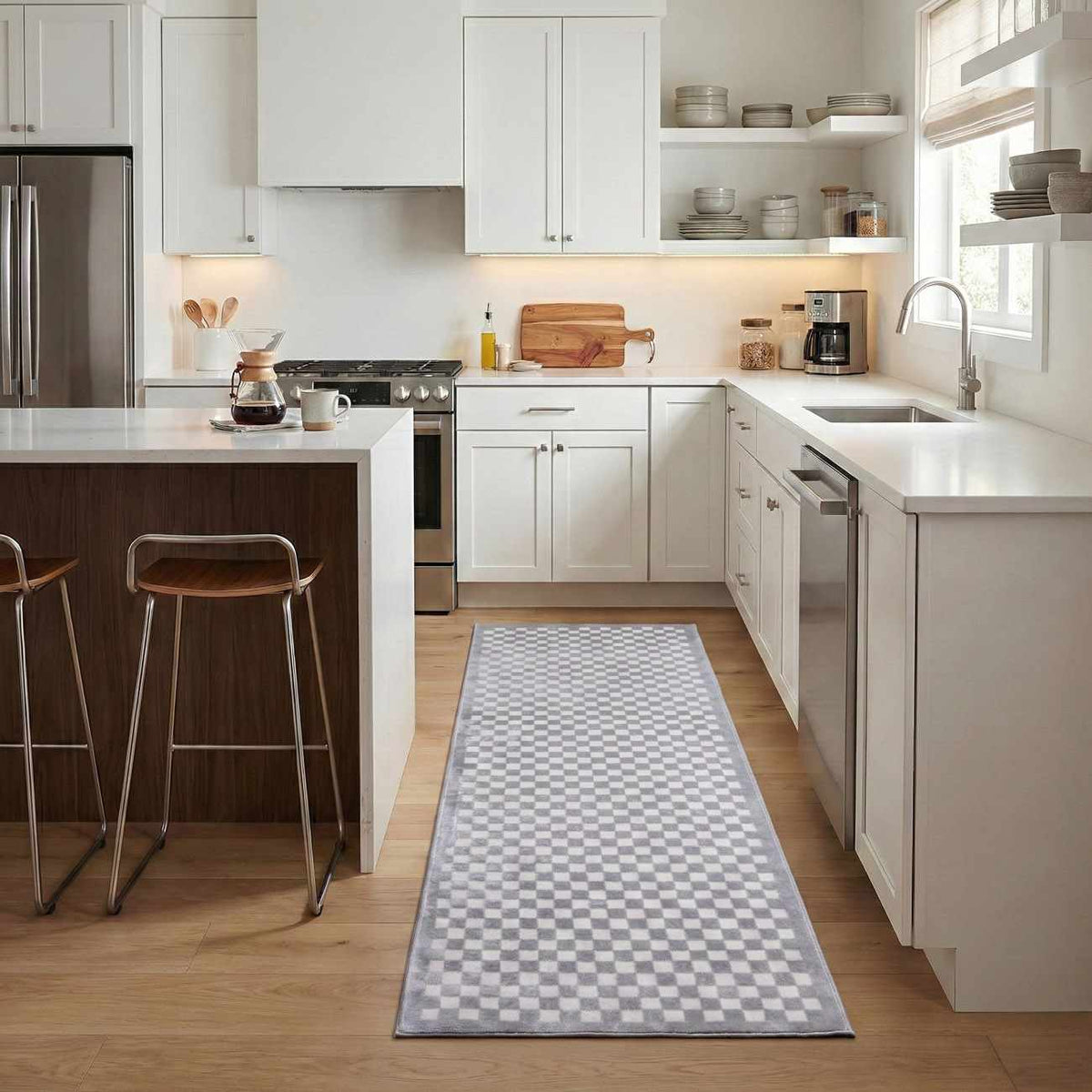 Gaiwan Cream Gray washable area rug runner by Boutique Rugs in a white kitchen on Tampa Home & Garden Store