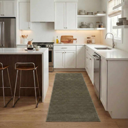 Kazuma Green Washable Area Rug by Boutique Rugs, green woven kitchen runner in white kitchen on Tampa Home & Garden Store