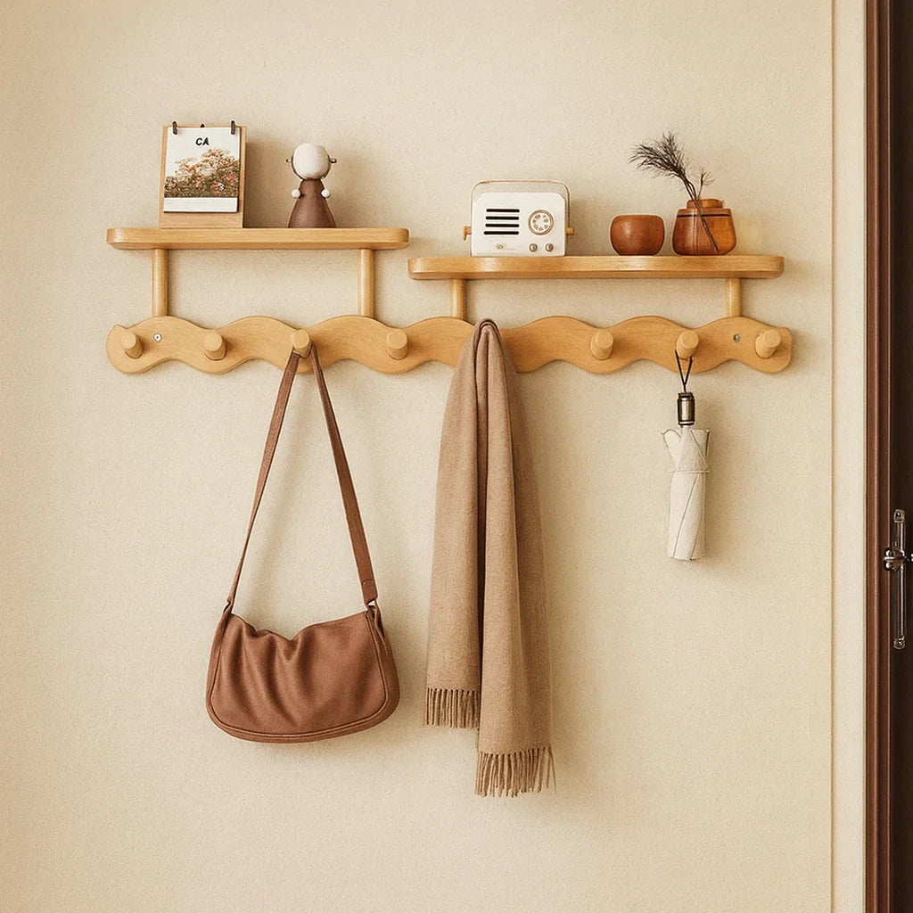 Bamboo wall coat rack with entryway shelf and five curved hooks; scarf and bag hung on Tampa Home & Garden Store