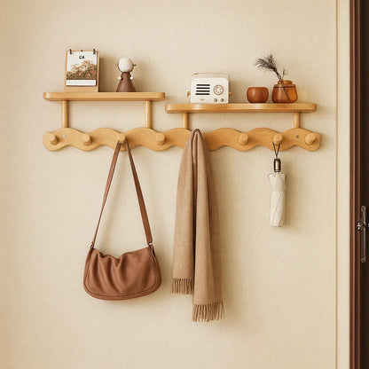 Bamboo wall coat rack with entryway shelf and five curved hooks; scarf and bag hung on Tampa Home & Garden Store