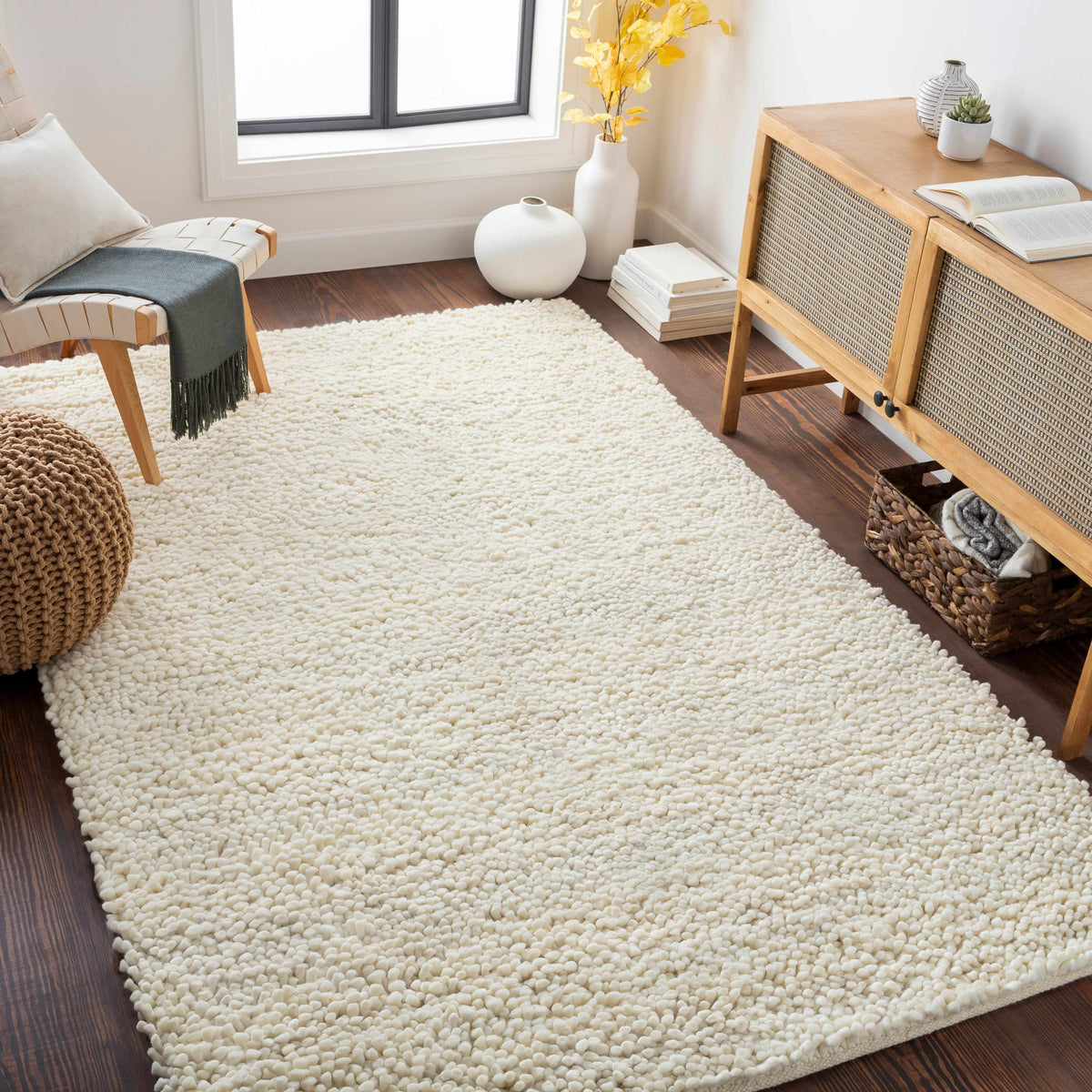 Oakridge Area Rug by Boutique Rugs, cream chunky loop shag for cozy living room decor on Tampa Home & Garden Store