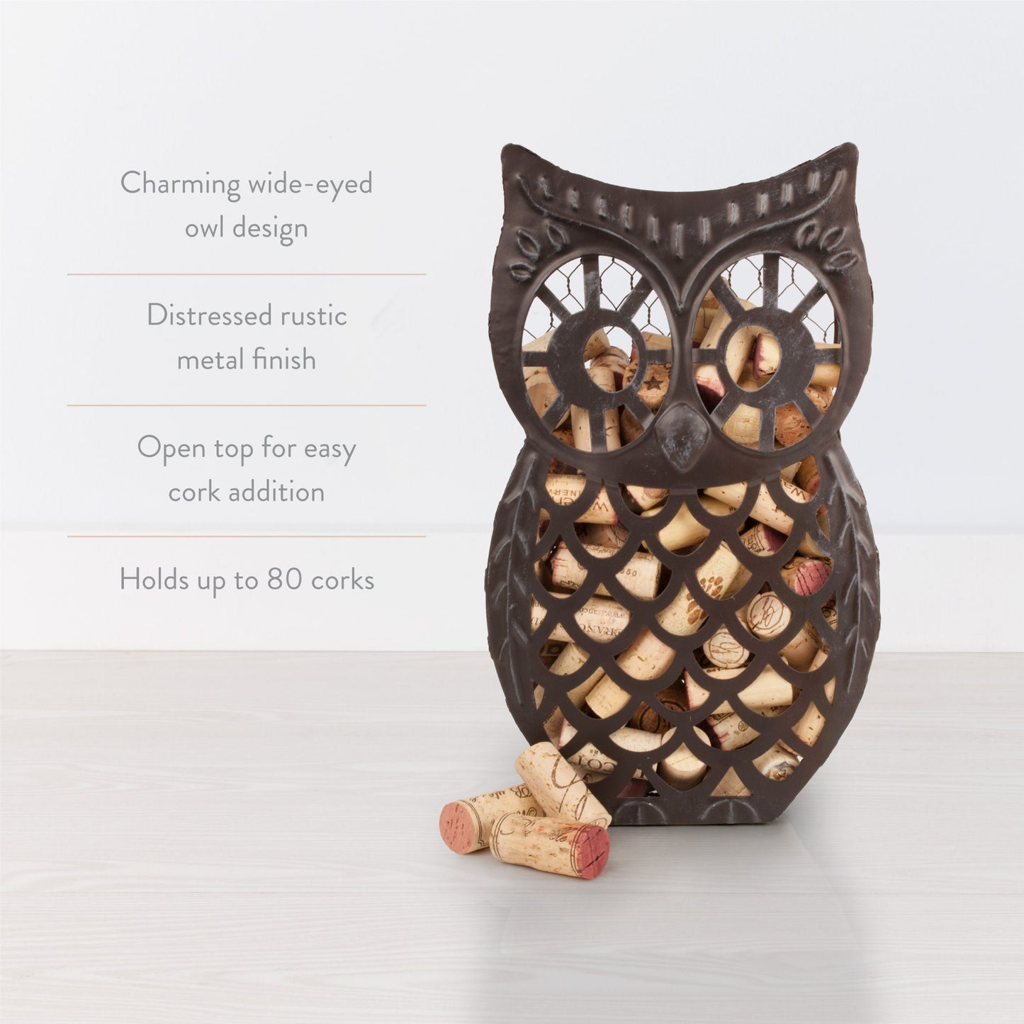 Weathered Metal Owl and Wine Cork Holder