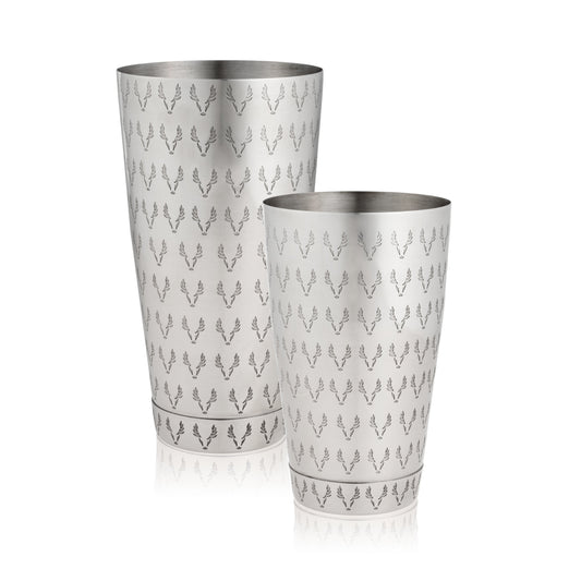 Viski Harrison Staghead Shaker Tin Set; two silver etched shakers on Tampa Home & Garden Store