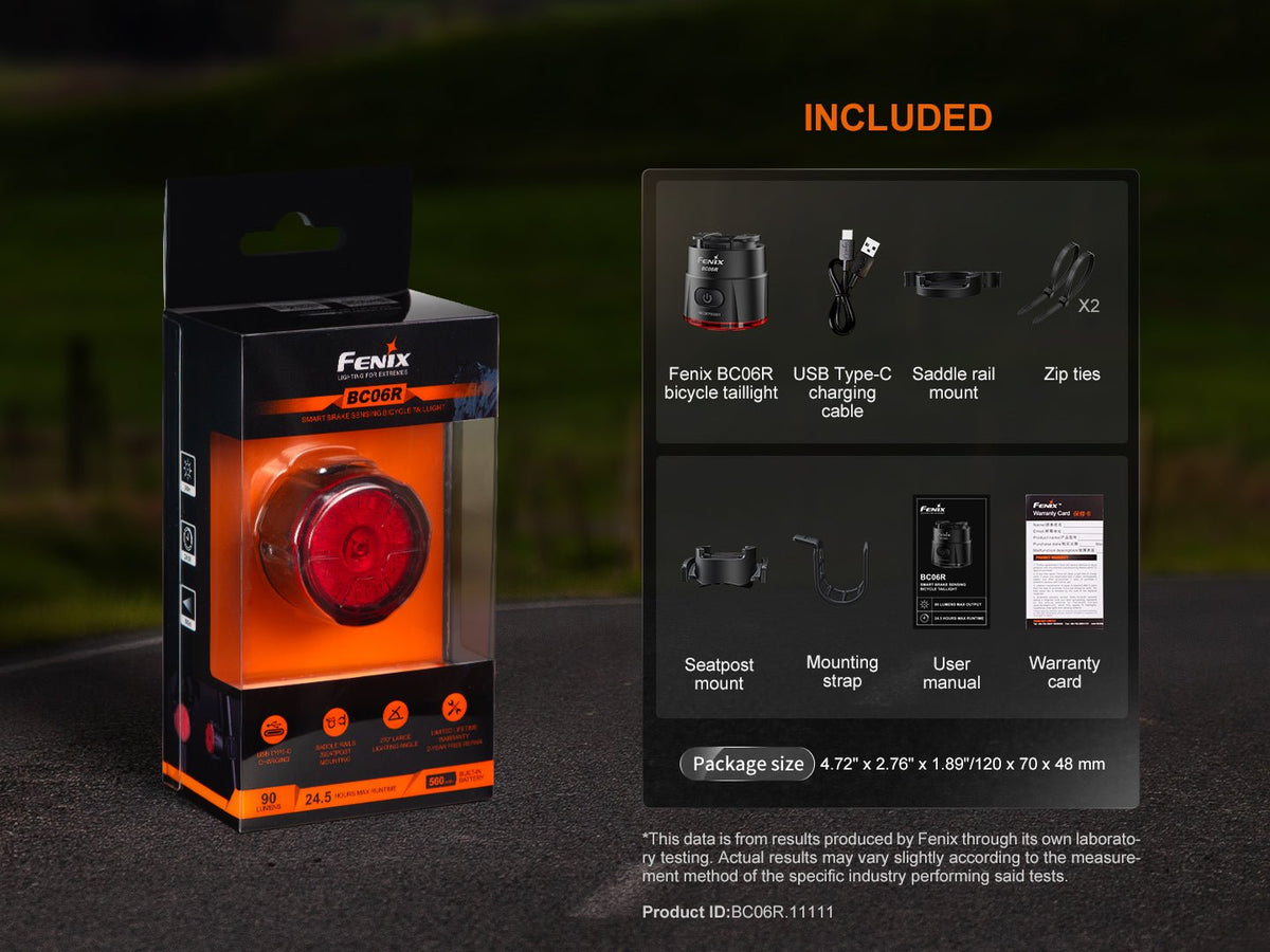 Fenix BC06R bicycle taillight in orange box with USB-C cable and saddle mount included on Tampa Home & Garden Store