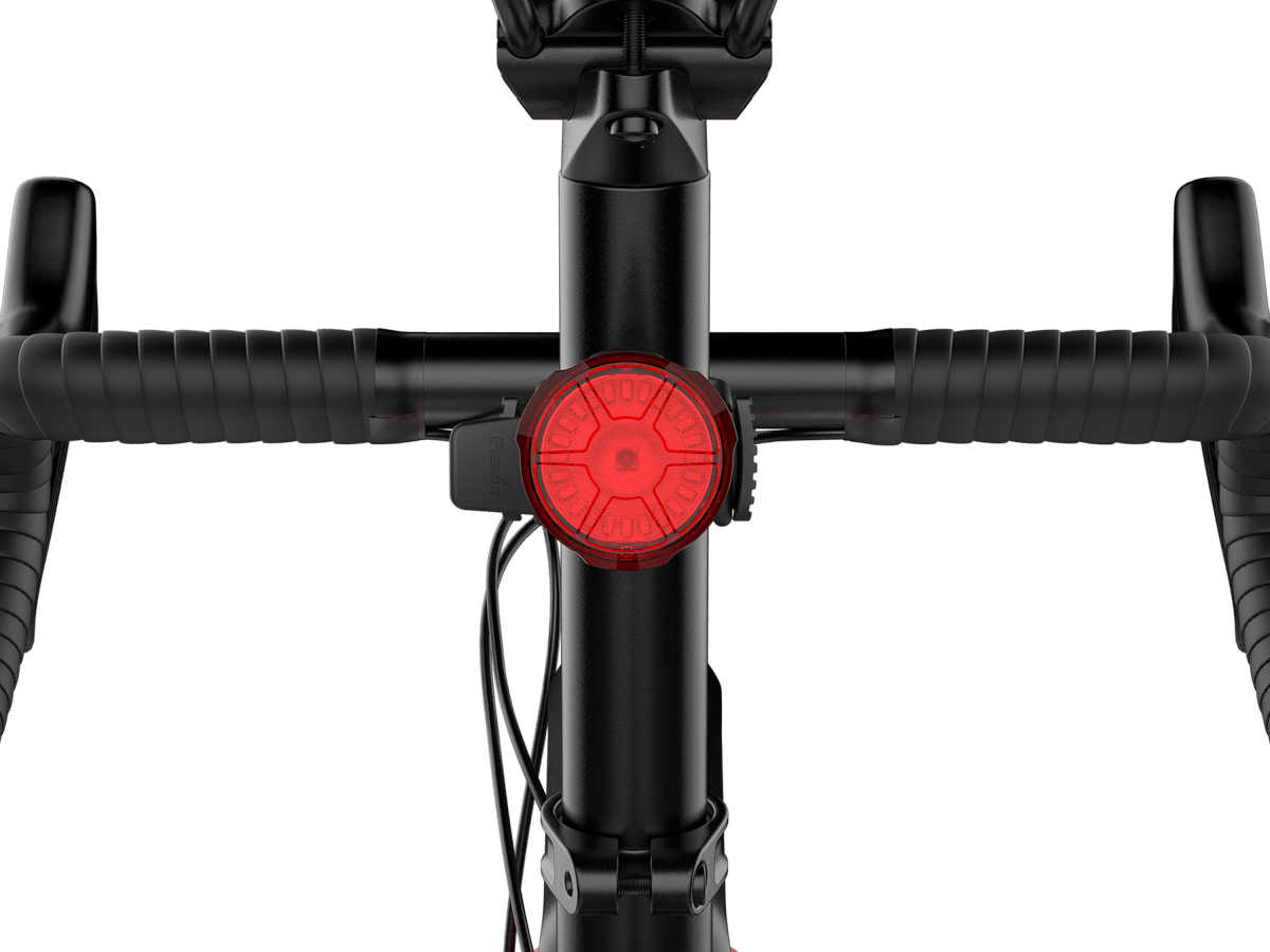 Fenix BC06R smart-brake bike taillight, red round LED on black head tube, Fenix Store on Tampa Home & Garden Store