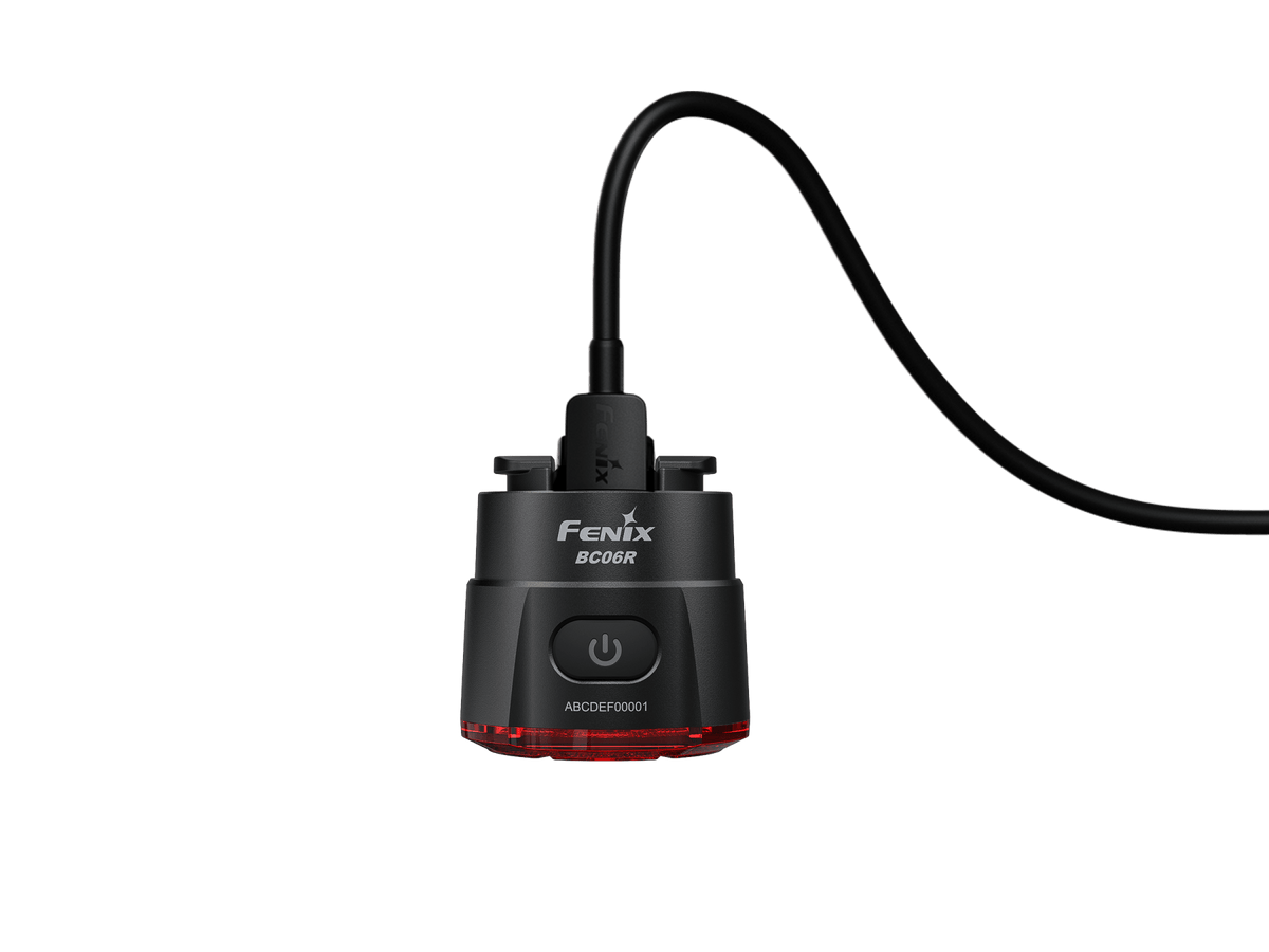 Fenix BC06R Smart-Brake bicycle taillight, black with curved cable and red lens, branding on Tampa Home & Garden Store