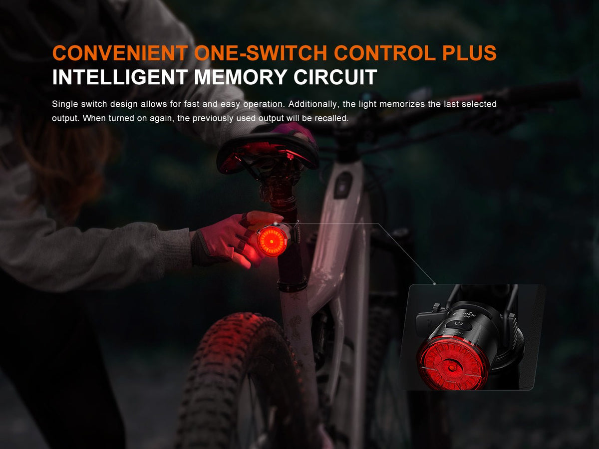 Bike light Fenix BC06R Smart-Brake taillight on a bicycle, red circular lens with memory circuit on Tampa Home & Garden Store