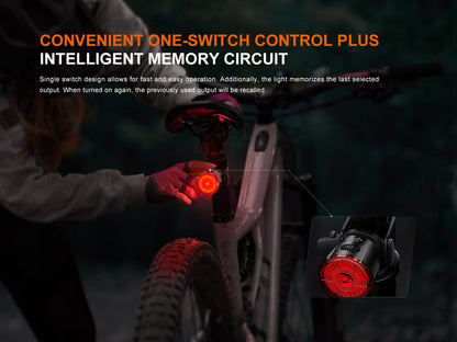 Bike light Fenix BC06R Smart-Brake taillight on a bicycle, red circular lens with memory circuit on Tampa Home & Garden Store