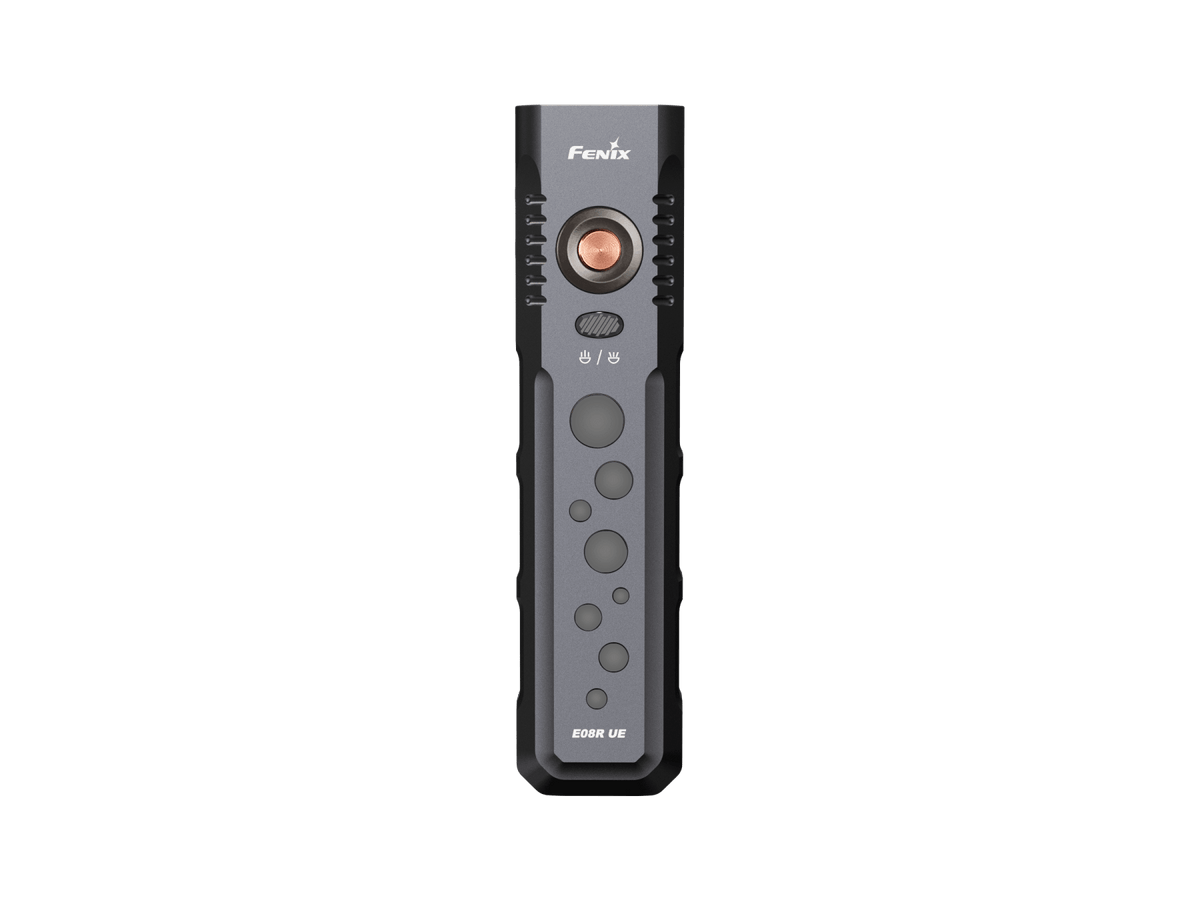 Fenix E08R UE EDC flashlight with grey body and copper button, Fenix logo visible on top on Tampa Home & Garden Store