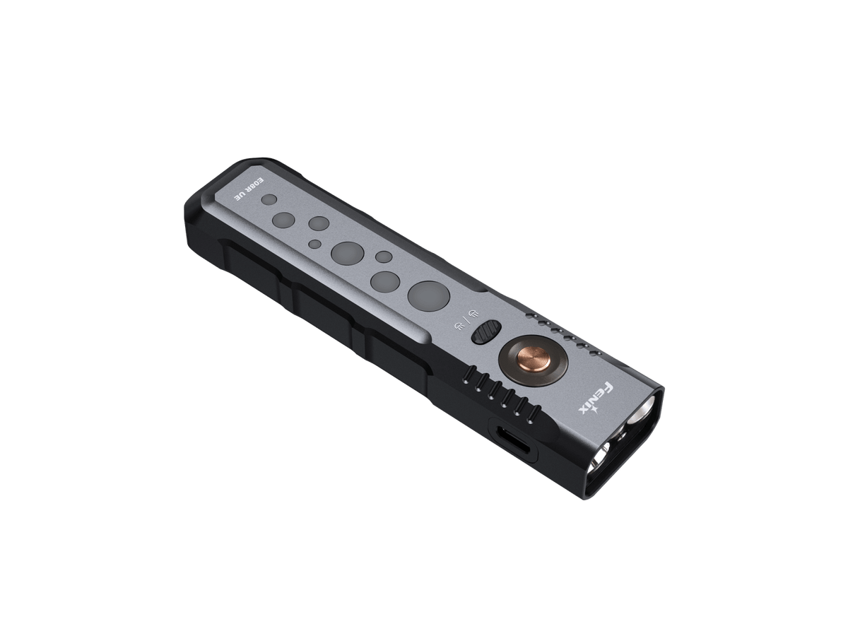 Fenix E08R UE EDC flashlight with metal gray body and copper power button on Tampa Home & Garden Store