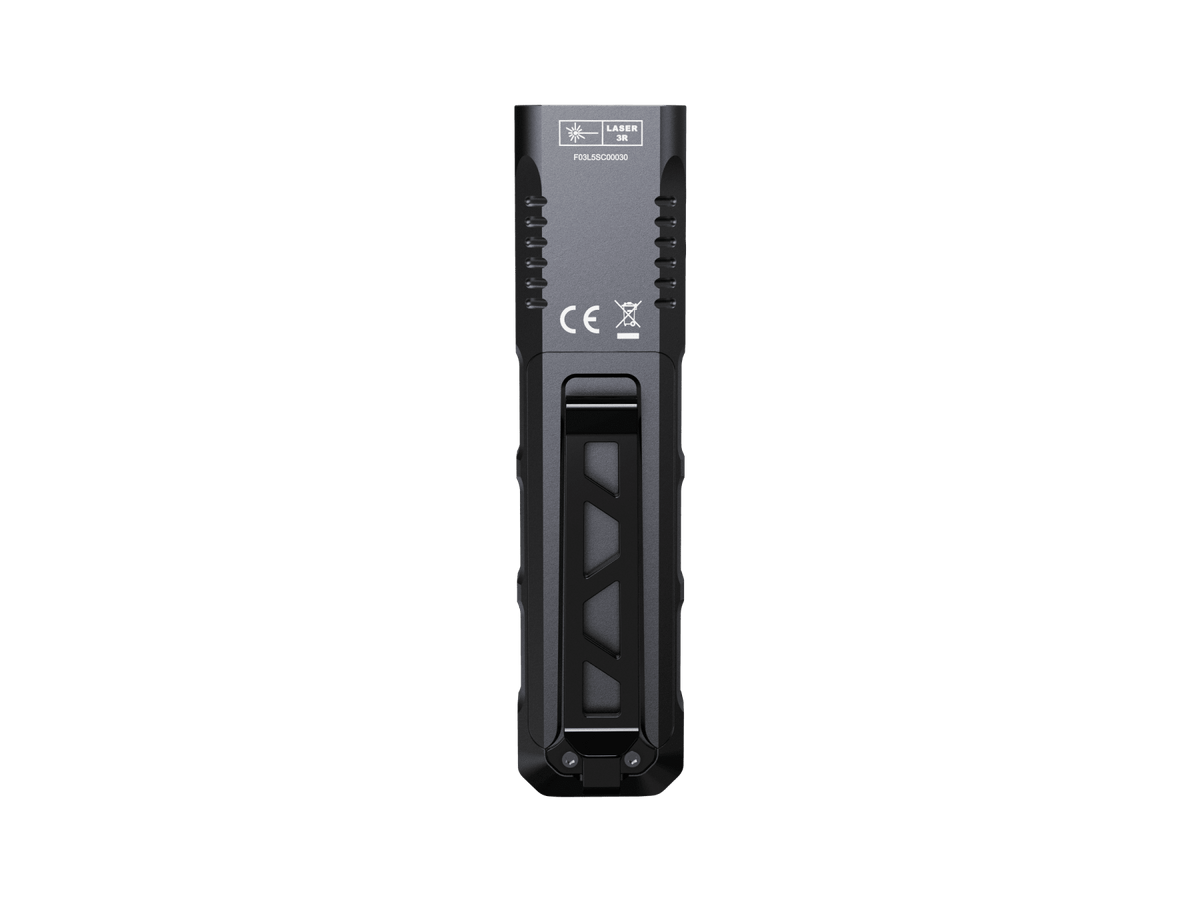 Fenix E08R UE EDC flashlight back view in black with textured grip and CE markings on Tampa Home & Garden Store