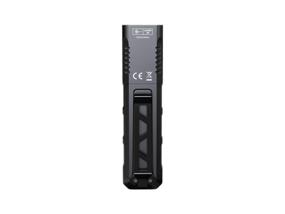 Fenix E08R UE EDC flashlight back view in black with textured grip and CE markings on Tampa Home & Garden Store