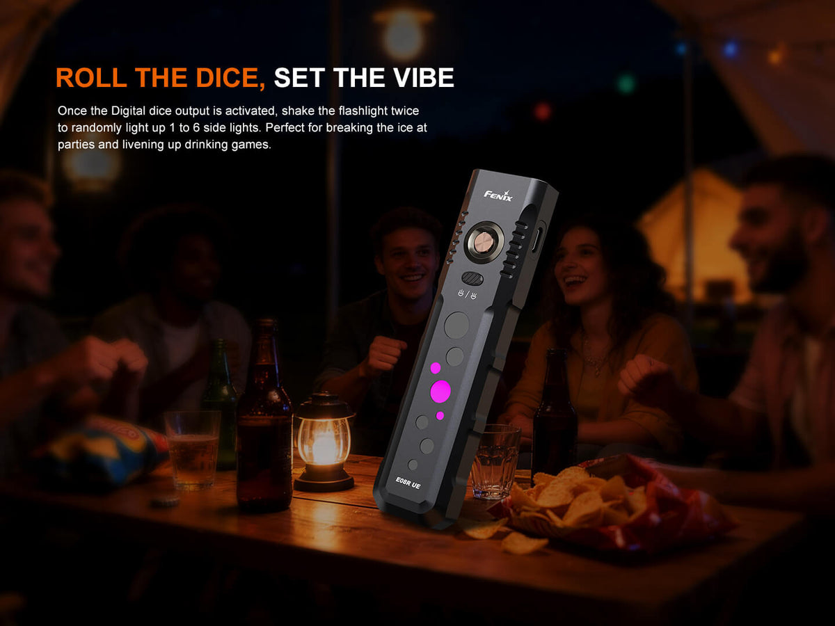 Fenix E08R UE Multi-Light EDC flashlight with red light and green laser, on table at night on Tampa Home & Garden Store
