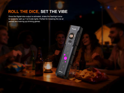 Fenix E08R UE Multi-Light EDC flashlight with red light and green laser, on table at night on Tampa Home & Garden Store
