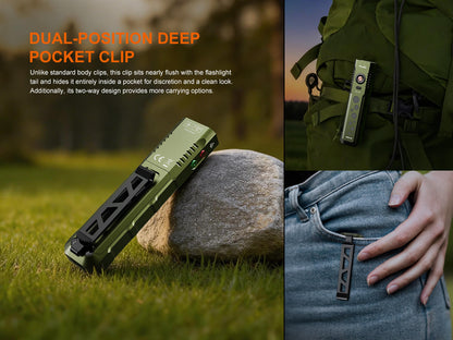 Fenix E08R UE Multi-Light EDC flashlight olive-green body with deep pocket clip on Tampa Home & Garden Store