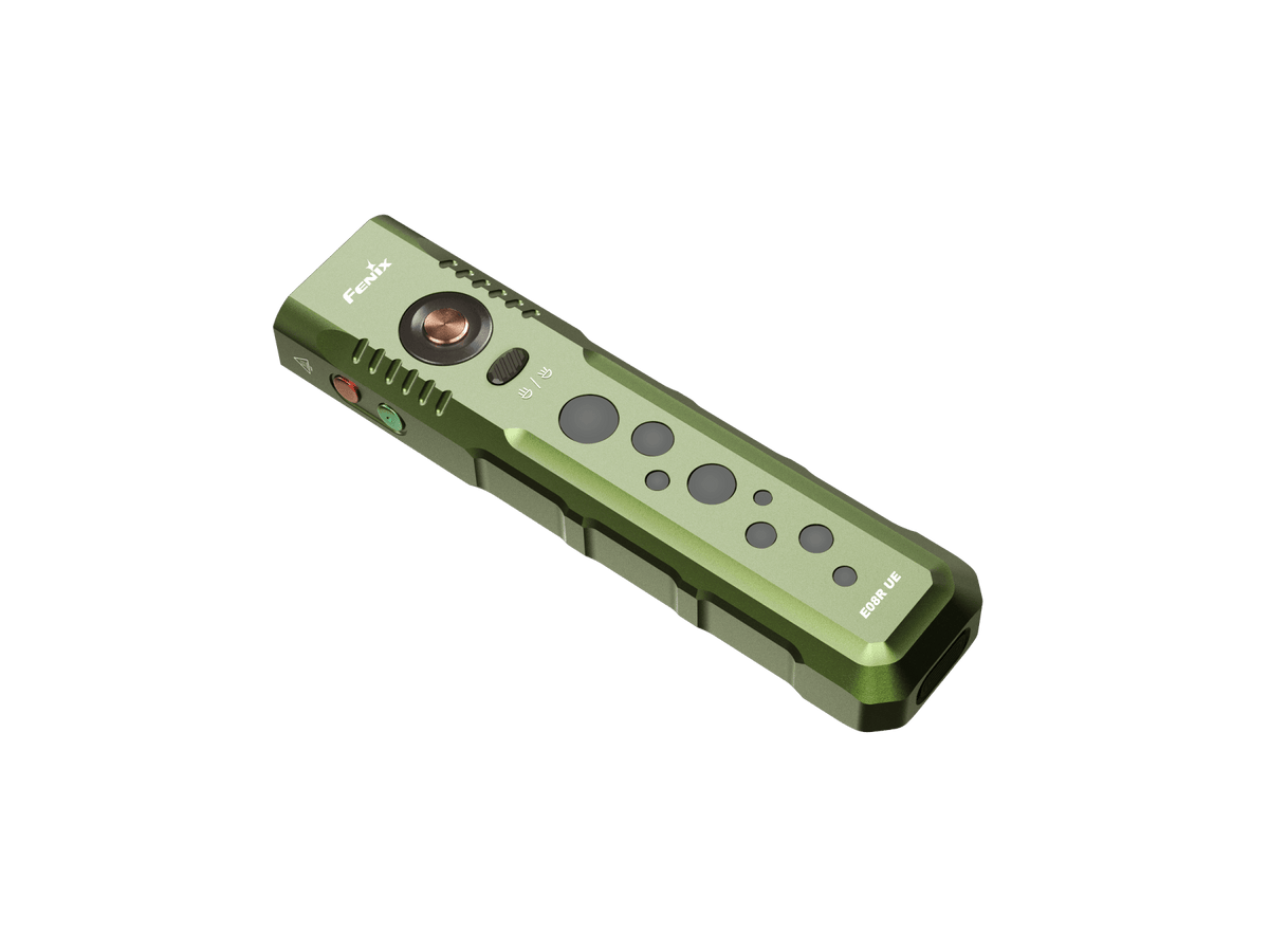 Fenix E08R UE EDC flashlight olive green with copper button and Fenix logo on Tampa Home & Garden Store