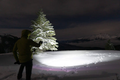 Fenix E08R UE Multi-Light EDC flashlight in use, person in jacket lighting a snowy pine on Tampa Home & Garden Store