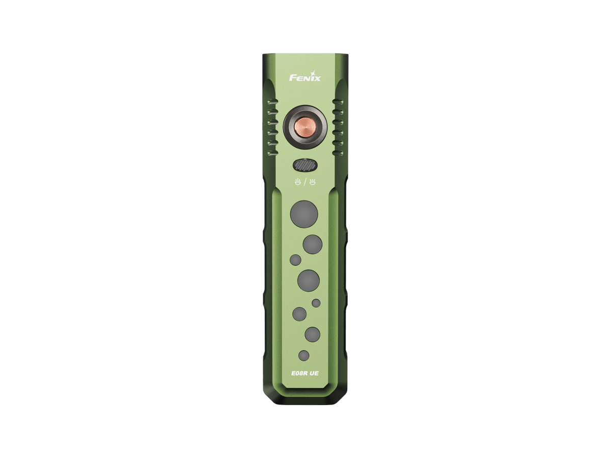 Fenix E08R UE EDC flashlight in olive green with copper activation button and textured grip on Tampa Home & Garden Store