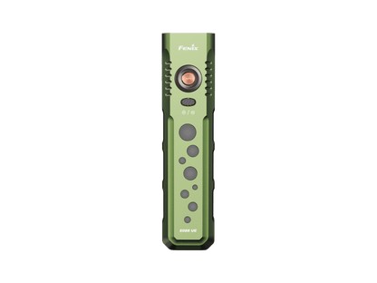 Fenix E08R UE EDC flashlight in olive green with copper activation button and textured grip on Tampa Home & Garden Store