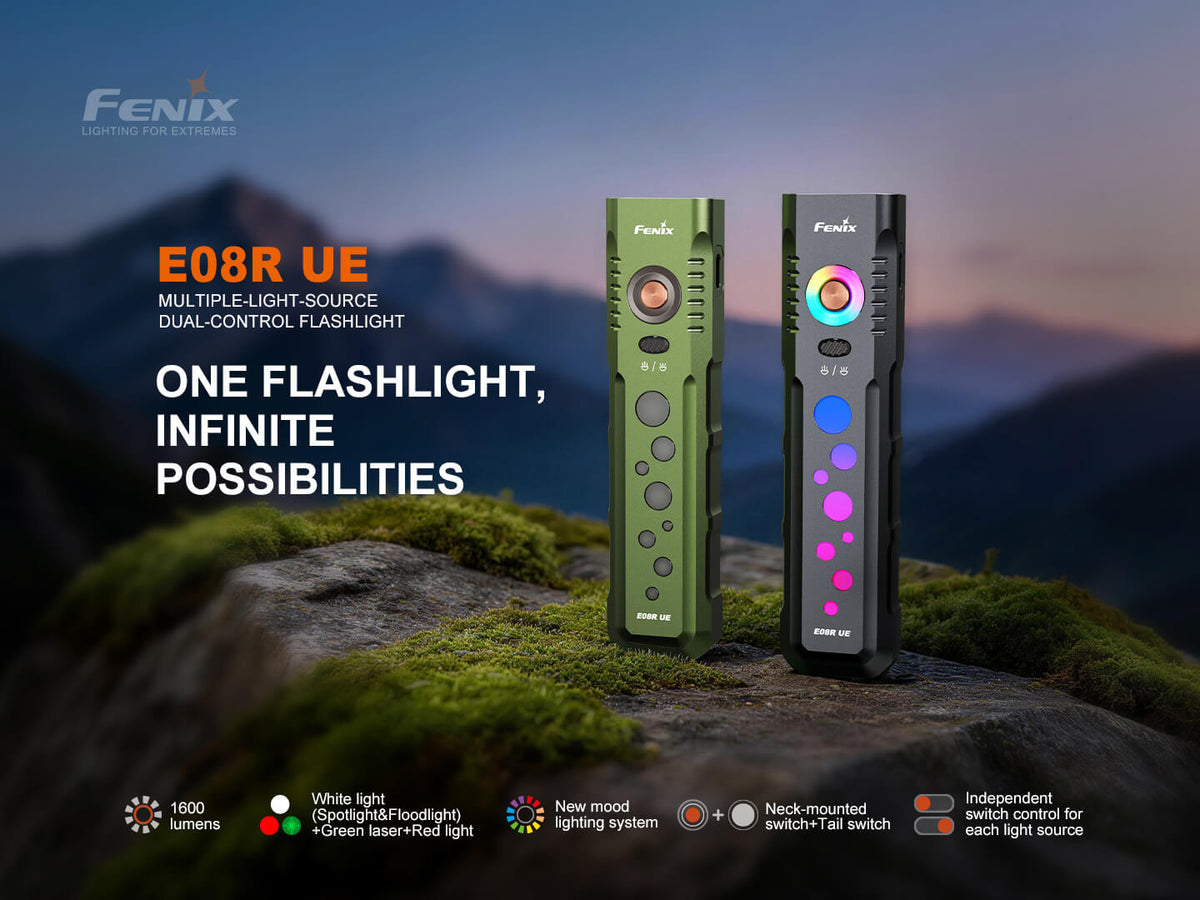 Fenix E08R UE EDC flashlight, two green and black units with RGB LEDs on Tampa Home & Garden Store