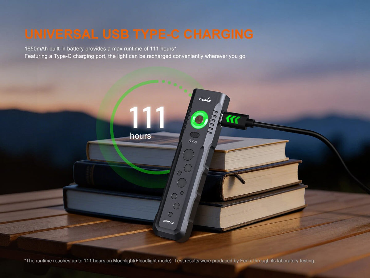 Fenix Store E08R UE EDC flashlight with USB-C charging and green power ring, resting on books on Tampa Home & Garden Store