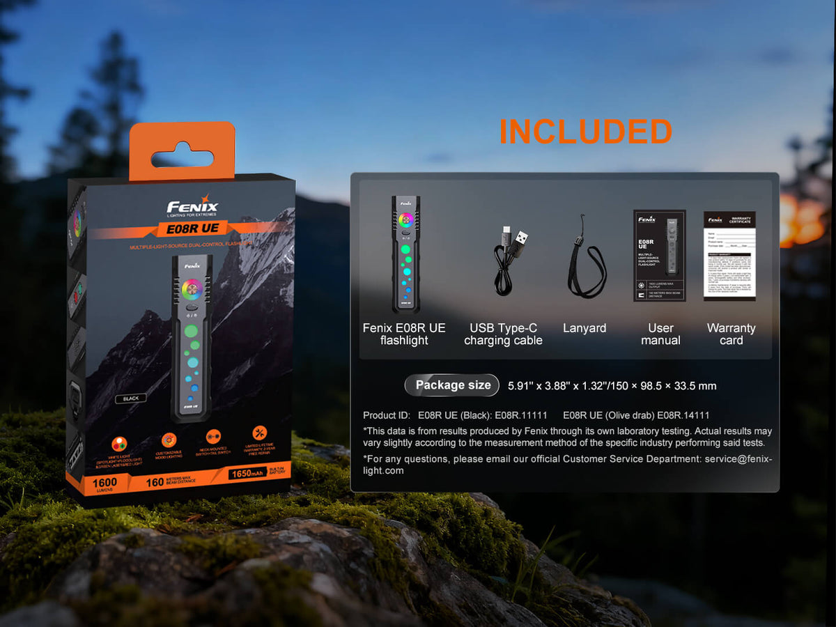 Fenix E08R UE flashlight with USB-C cable, lanyard, user manual and warranty card on Tampa Home & Garden Store