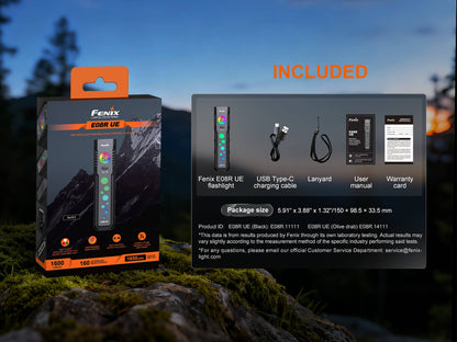 Fenix E08R UE flashlight with USB-C cable, lanyard, user manual and warranty card on Tampa Home & Garden Store