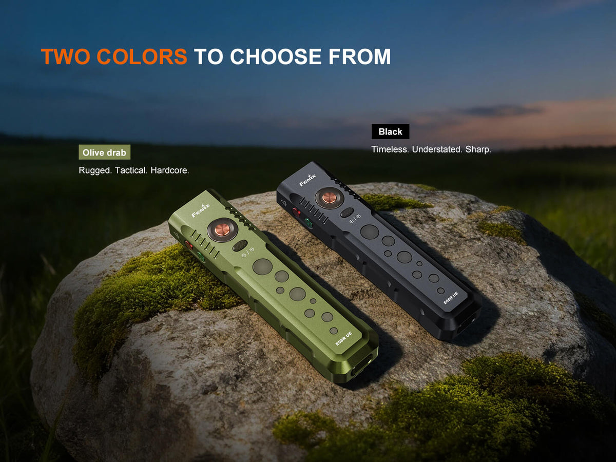 Fenix E08R UE EDC flashlight olive drab and black with red light and green laser, two torches on Tampa Home & Garden Store