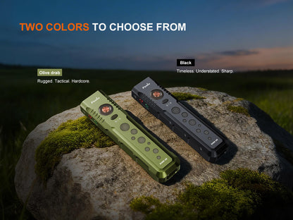Fenix E08R UE EDC flashlight olive drab and black with red light and green laser, two torches on Tampa Home & Garden Store