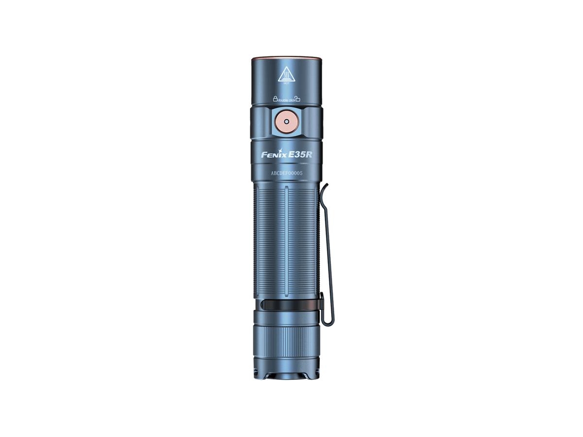 Fenix E35R flashlight, blue aluminum body with copper power button and knurled grip on Tampa Home & Garden Store