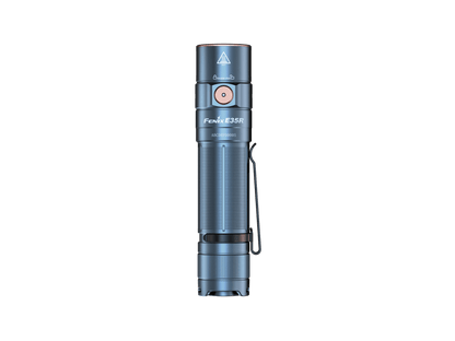 Fenix E35R flashlight, blue aluminum body with copper power button and knurled grip on Tampa Home & Garden Store