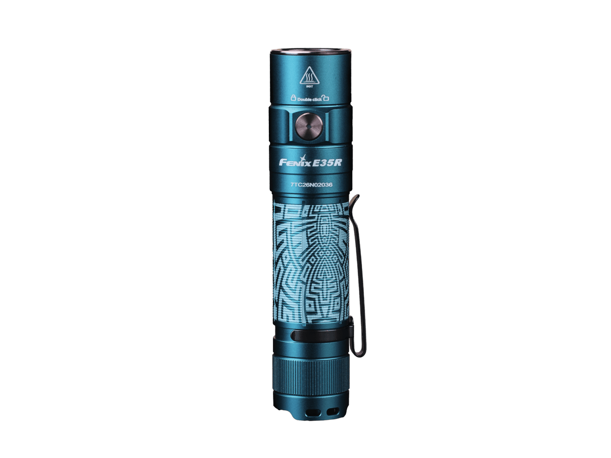 Fenix E35R EDC flashlight from Fenix Store blue aluminum body with textured grip and lanyard on Tampa Home & Garden Store
