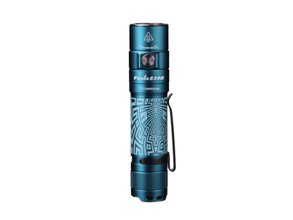 Fenix E35R EDC flashlight from Fenix Store blue aluminum body with textured grip and lanyard on Tampa Home & Garden Store