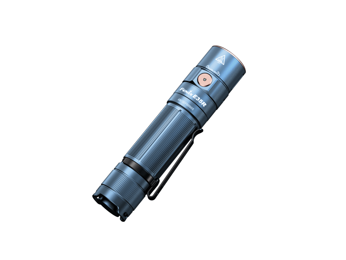 Fenix E35R EDC flashlight blue anodized aluminum body with pocket clip on Tampa Home & Garden Store