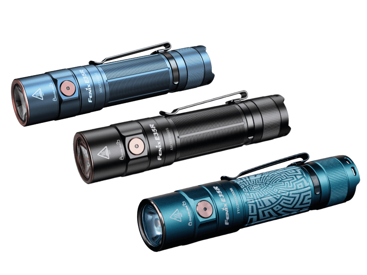 Fenix E35R EDC flashlight set, 4-pack in blue, black and turquoise with clips on Tampa Home & Garden Store