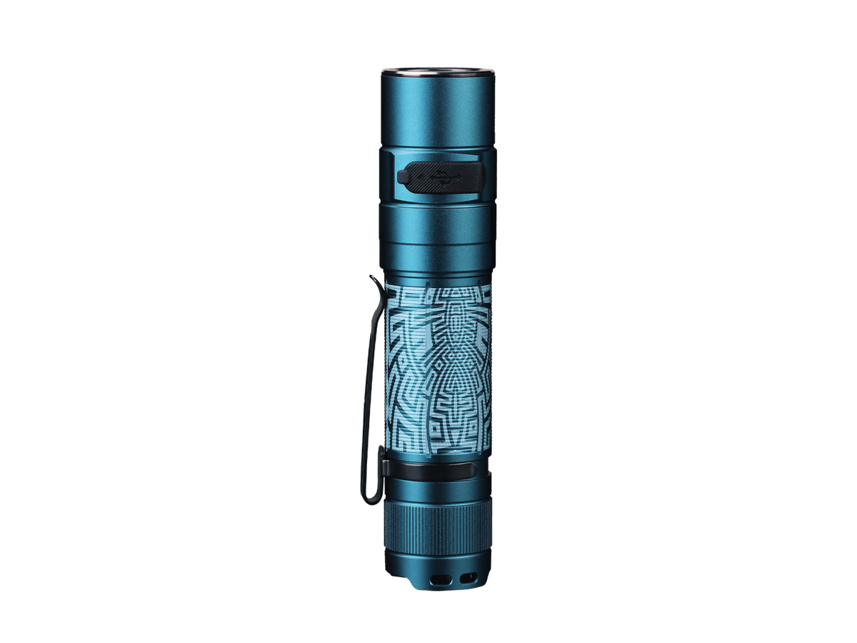 Fenix Store E35R EDC flashlight, blue anodized aluminum body with black pocket clip on Tampa Home & Garden Store