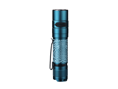 Fenix Store E35R EDC flashlight, blue anodized aluminum body with black pocket clip on Tampa Home & Garden Store