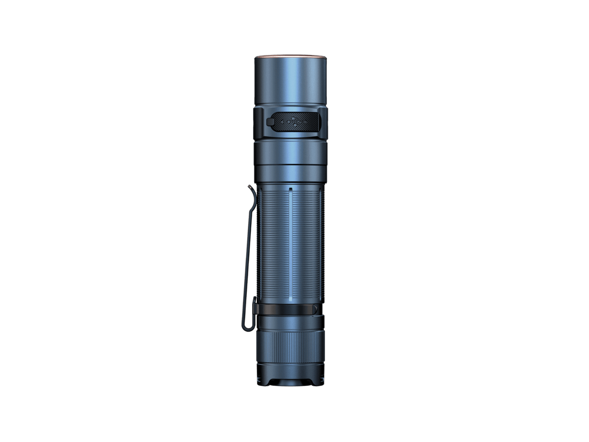 Fenix E35R rechargeable LED flashlight blue anodized aluminum body with side clip on Tampa Home & Garden Store