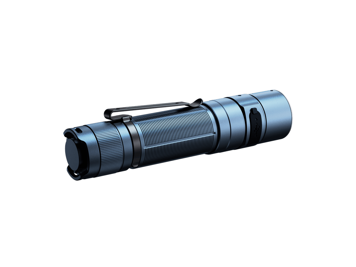 Fenix E35R EDC flashlight in blue metal with black pocket clip and knurled grip on Tampa Home & Garden Store