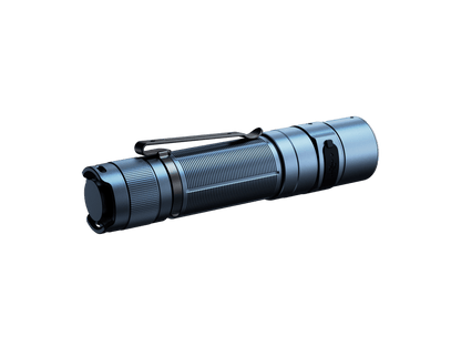 Fenix E35R EDC flashlight in blue metal with black pocket clip and knurled grip on Tampa Home & Garden Store