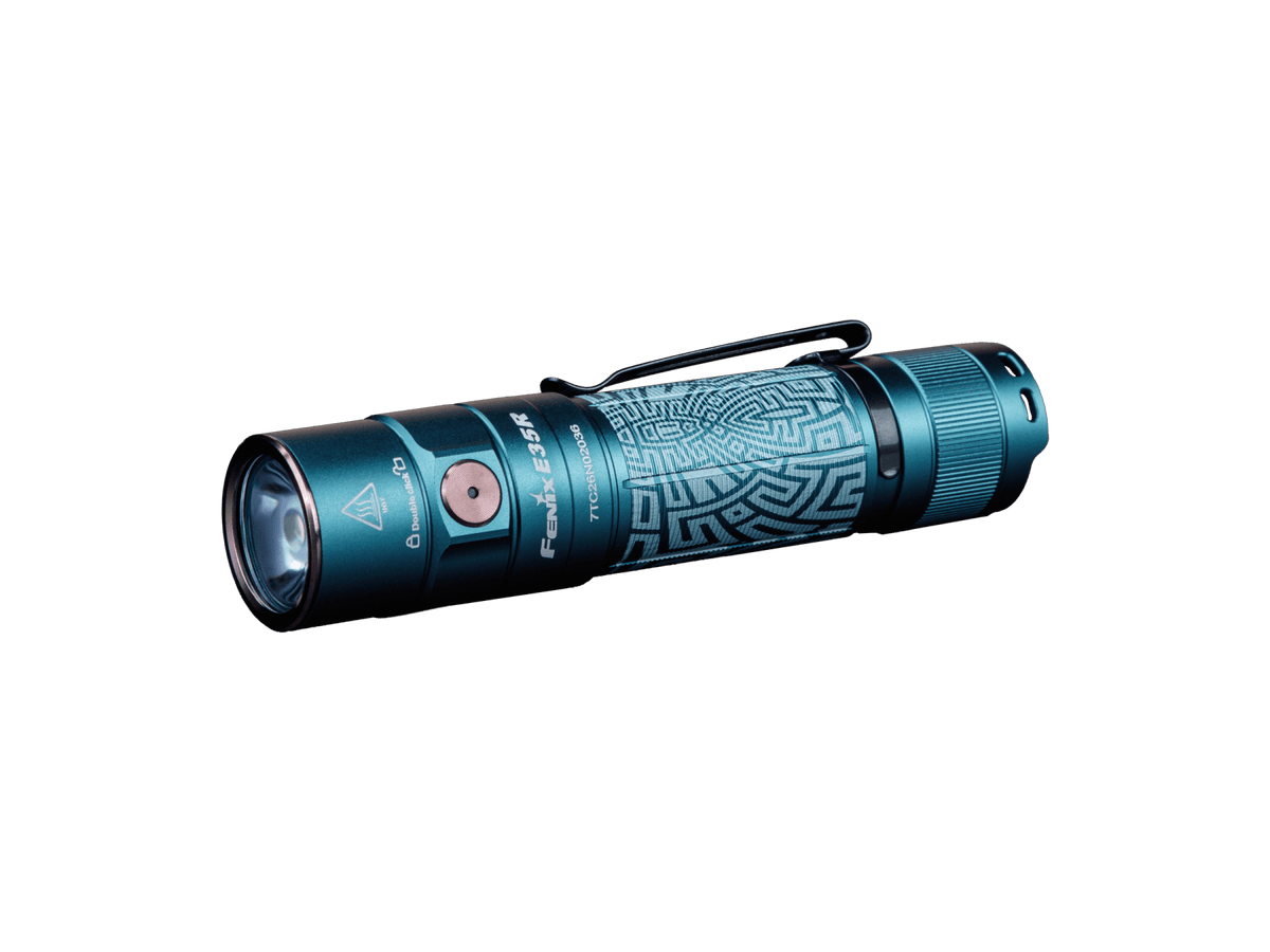 Fenix E35R EDC flashlight teal blue body with geometric wrap, pocket clip on Tampa Home & Garden Store