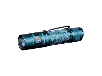 Fenix E35R EDC flashlight teal blue body with geometric wrap, pocket clip on Tampa Home & Garden Store