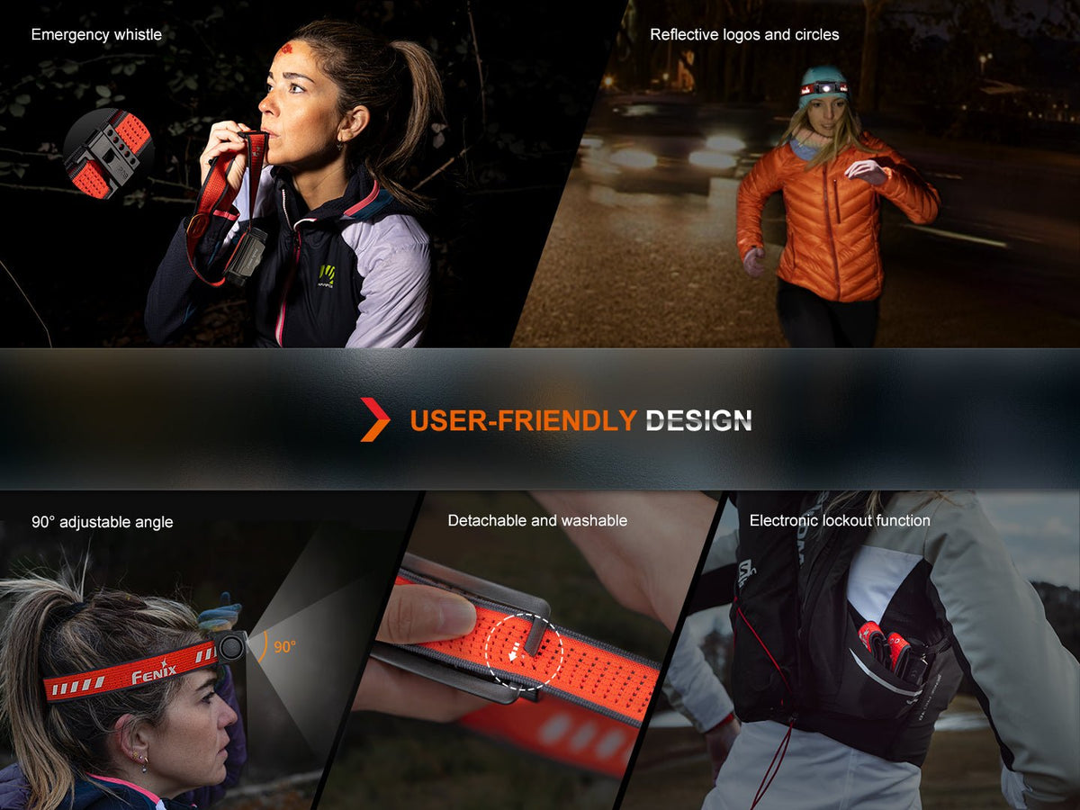 Fenix HM62-T headlamp on orange strap; 90° adjustable, detachable/washable band, electronic lockout on Tampa Home & Garden Store