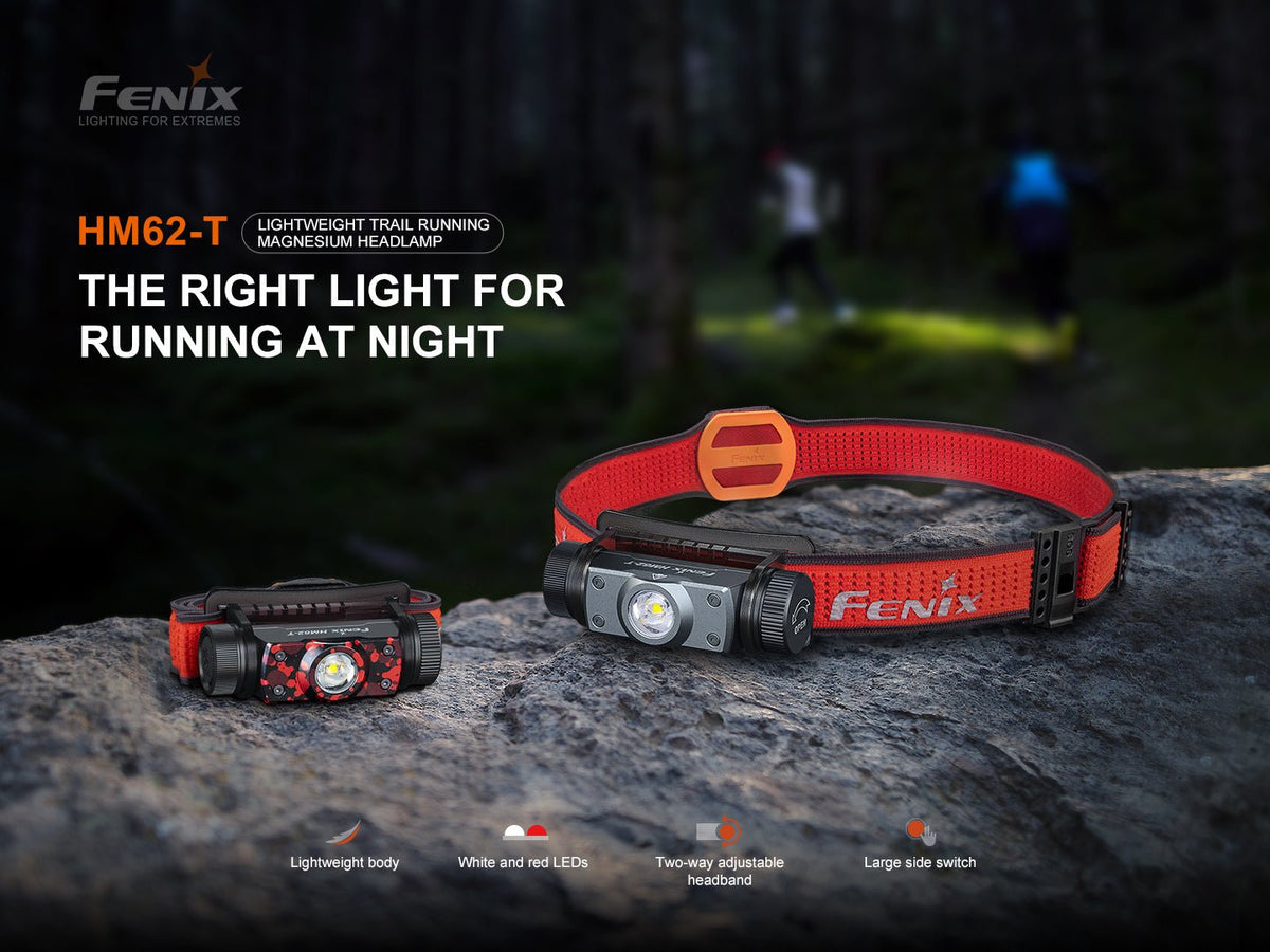 Fenix HM62-T headlamp, lightweight magnesium trail light with red strap, two headlamps shown on Tampa Home & Garden Store