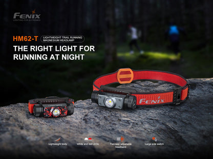 Fenix HM62-T headlamp, lightweight magnesium trail light with red strap, two headlamps shown on Tampa Home & Garden Store