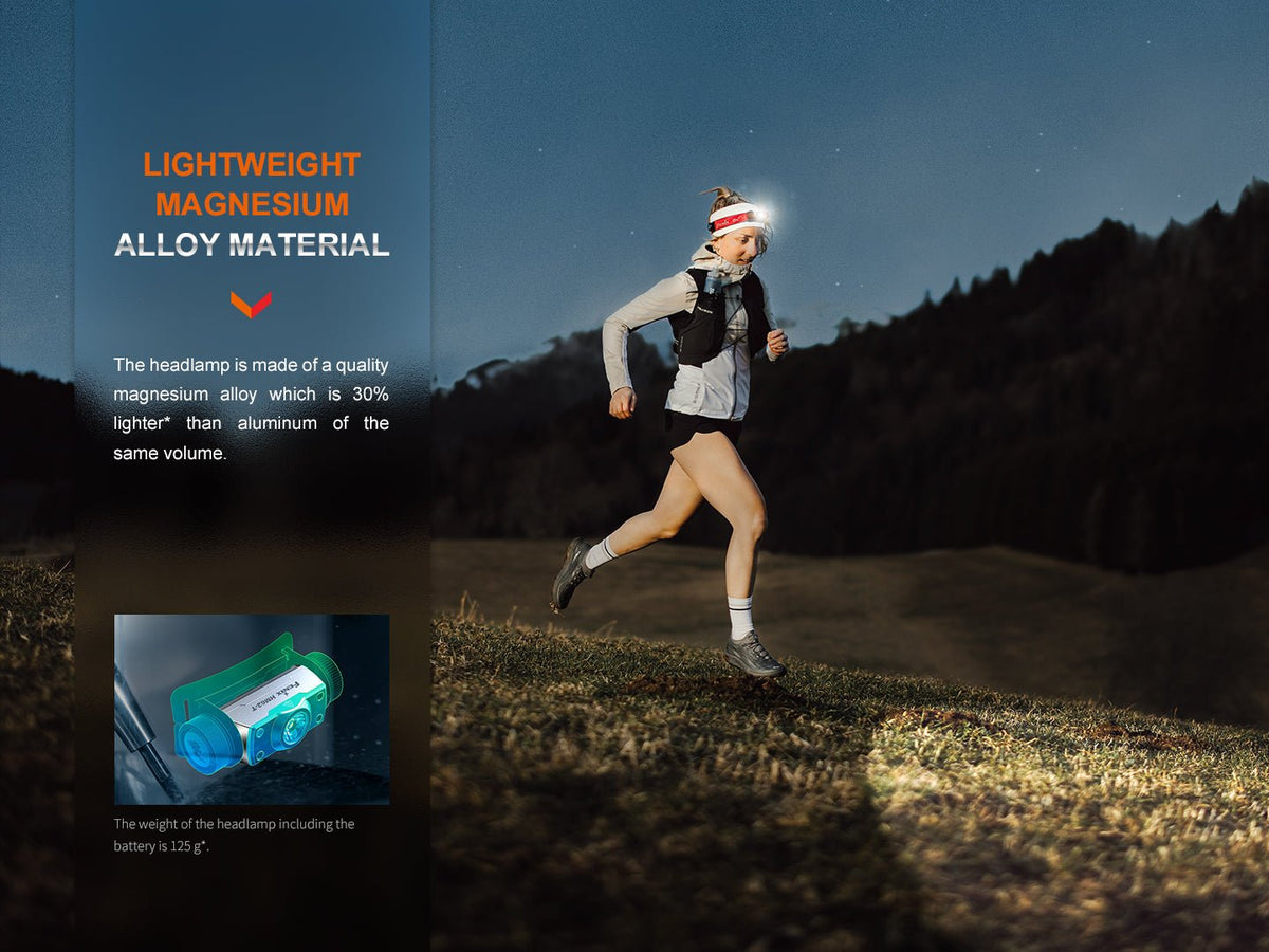 Fenix HM62-T lightweight trail running headlamp with magnesium alloy housing on a night run on Tampa Home & Garden Store