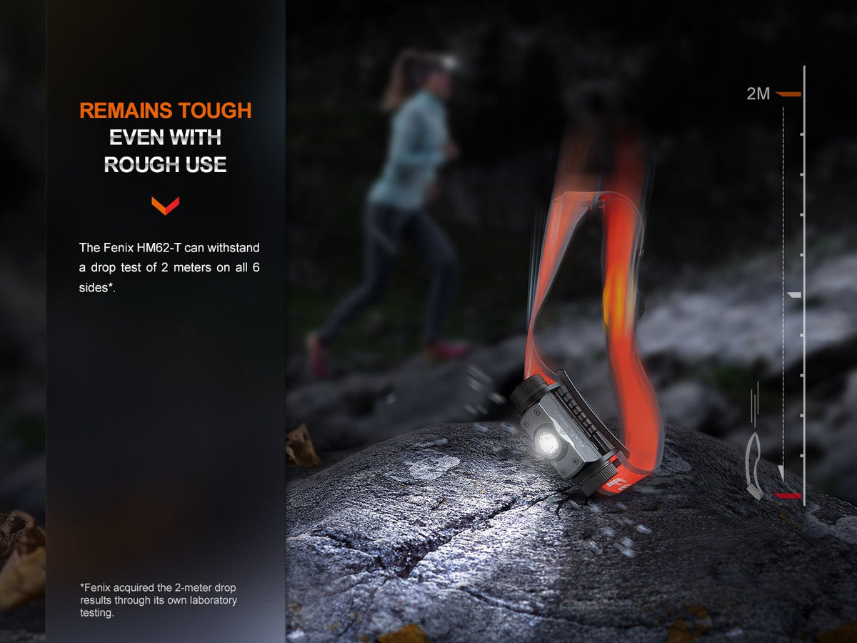 Fenix HM62-T lightweight headlamp with red headband and bright front LED on rocky trail on Tampa Home & Garden Store