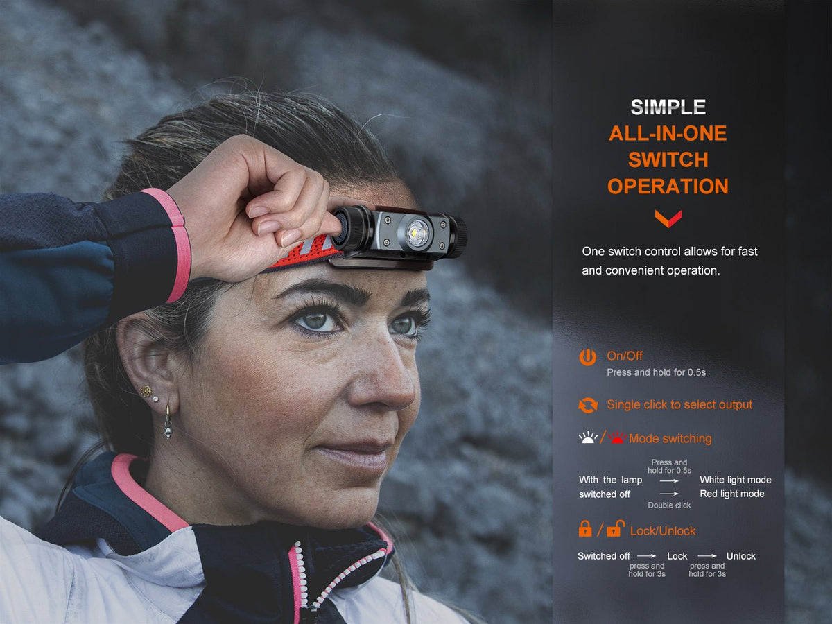 Fenix HM62-T lightweight headlamp on a red strap worn by a woman outdoors on Tampa Home & Garden Store